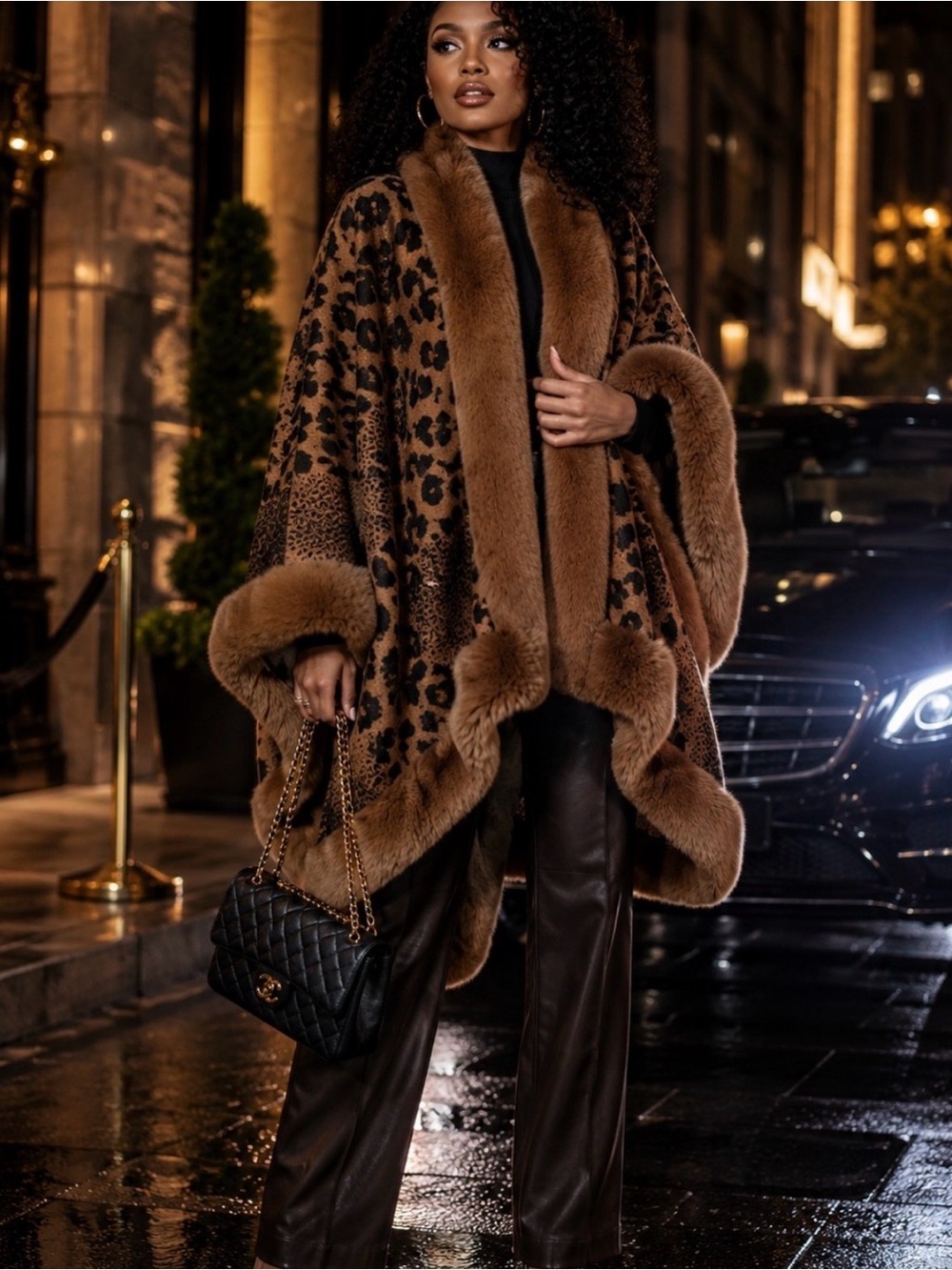 G by Giuliana Brown Leopard Faux Fur Trim Cape